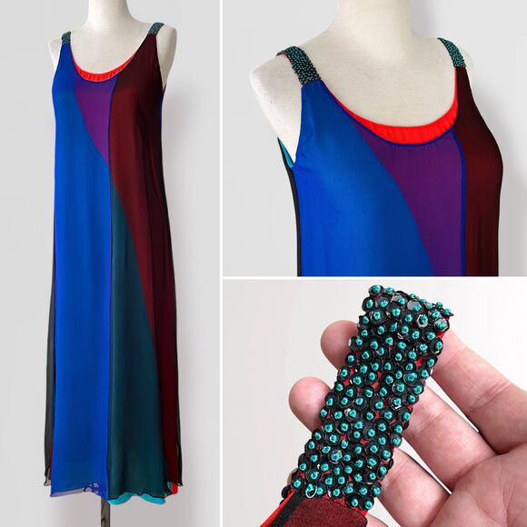 Nachiket Barve 100% Silk Maxi Dress Bauhaus MCM Gown Wedding Blue Maroon Green - Picture 1 of 10